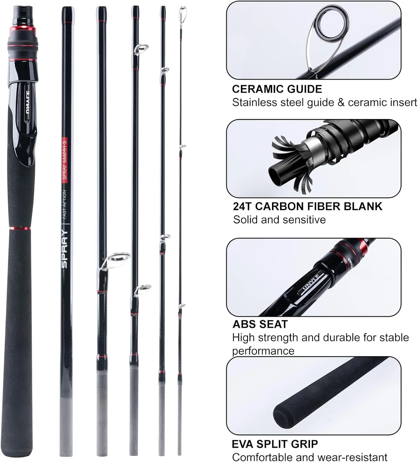 Fishing Rod and Spining Reel Combo, 24T Carbon Spin Fishing Rod 6.6"/7"/8", 6 Piece Portable Travel Spining Fishing Rod, Fishing Kits with Lures, Freshwater Saltwater Trout Bass Walleye Pike
