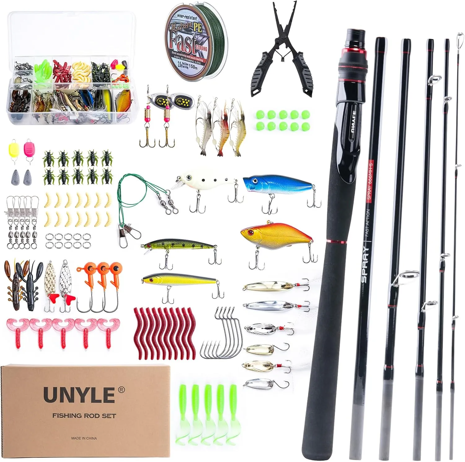 Fishing Rod and Spining Reel Combo, 24T Carbon Spin Fishing Rod 6.6"/7"/8", 6 Piece Portable Travel Spining Fishing Rod, Fishing Kits with Lures, Freshwater Saltwater Trout Bass Walleye Pike