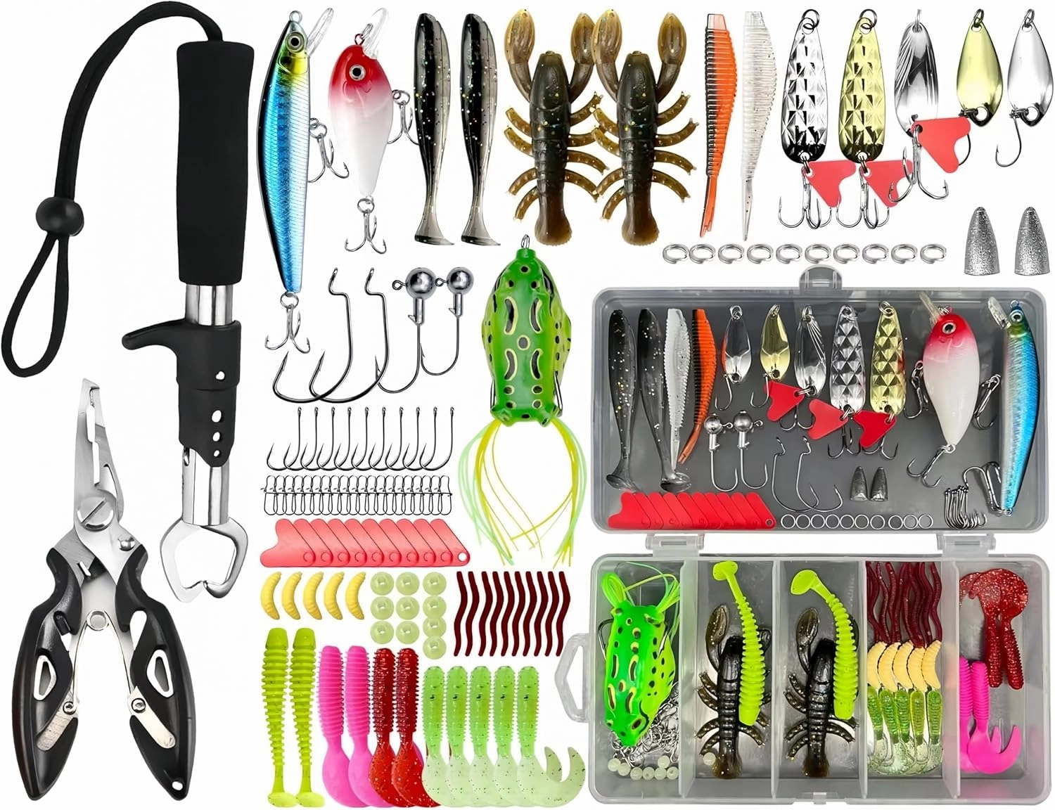 Fishing Lures Kit for Freshwater and Saltwater,Bass Trout Salmon Fishing Tackle Box Including Spoon Lures,Crankbaits,Soft Plastic Worms,Fishing Hooks.