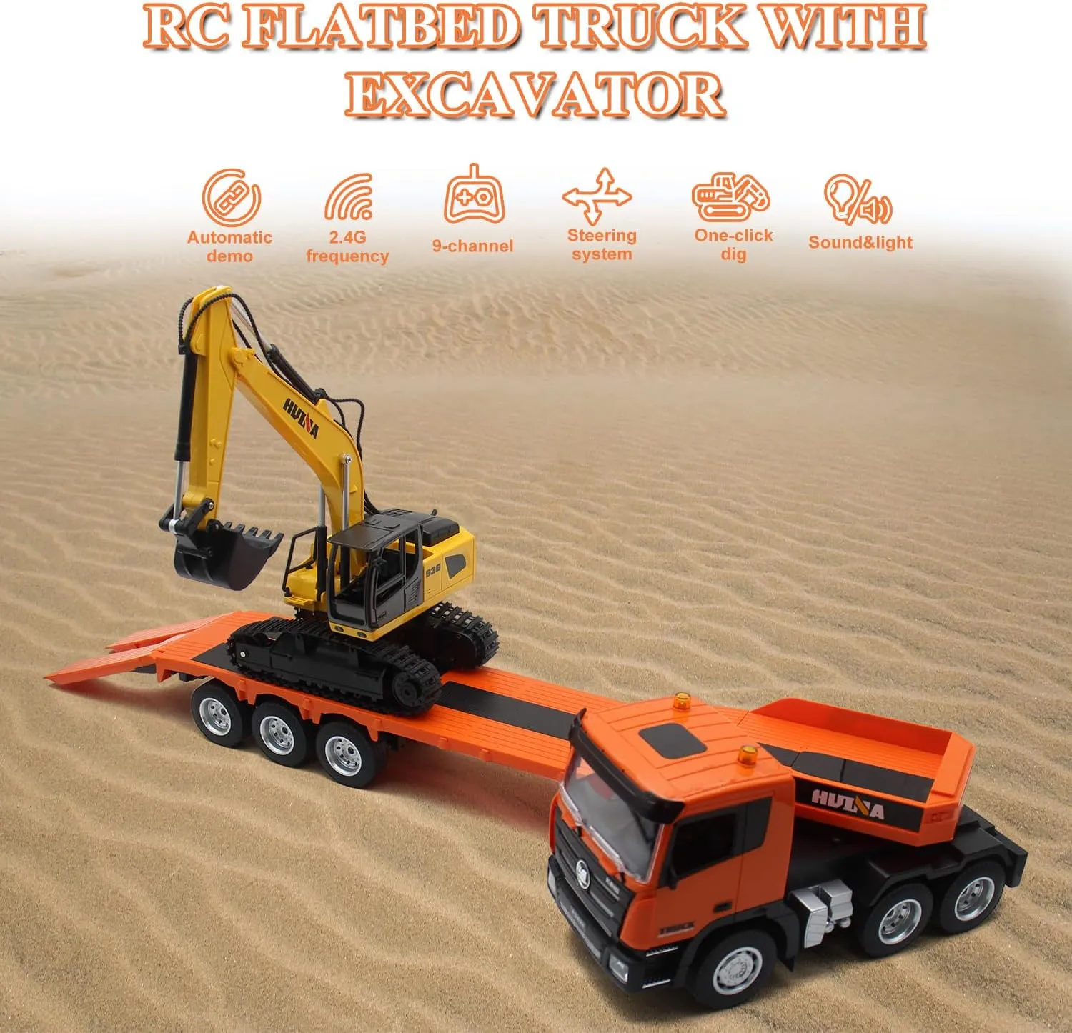 Fistone RC Semi Truck & Excavator Toy Set, 2.4Ghz Remote Control Flatbed Truck with Excavator Toys, 1:24 RC Semi-Trailer Engineering Tractor with Sound and Lights, Construction Vehicles Toy for Boys