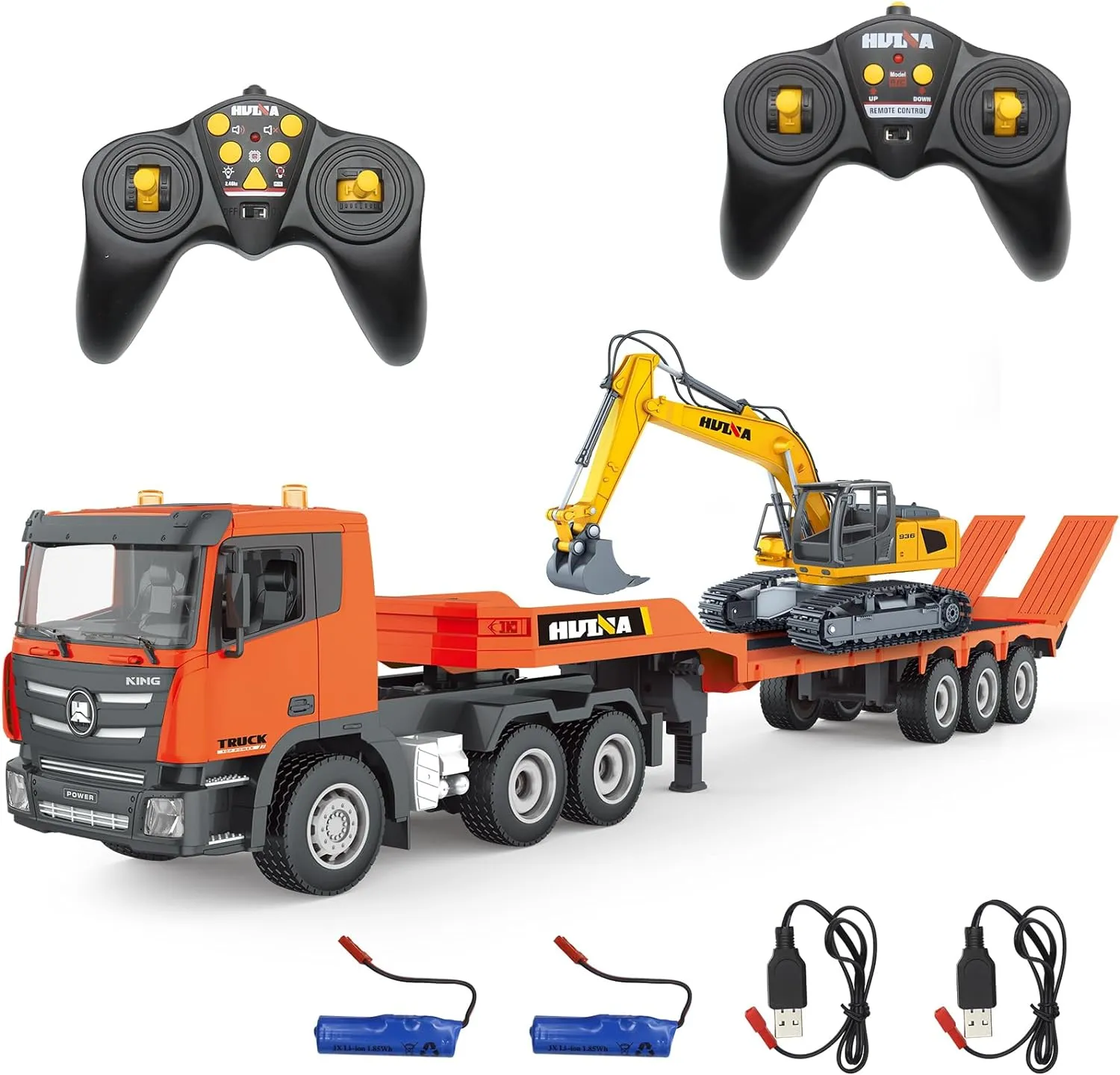 Fistone RC Semi Truck & Excavator Toy Set, 2.4Ghz Remote Control Flatbed Truck with Excavator Toys, 1:24 RC Semi-Trailer Engineering Tractor with Sound and Lights, Construction Vehicles Toy for Boys