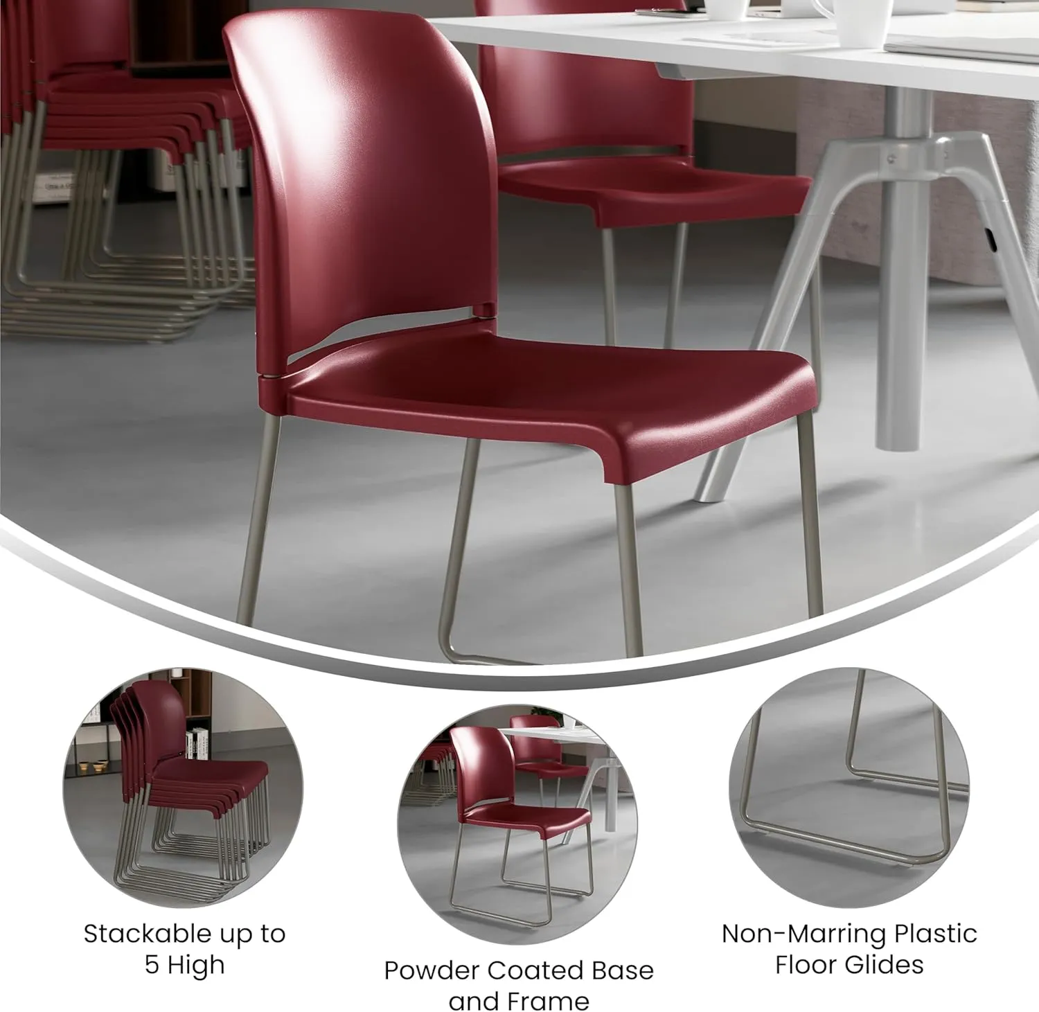 Flash Furniture HERCULES Series 5 Pack 880 lb. Capacity Burgundy Full Back Contoured Stack Chair with Gray Powder Coated Sled Base
