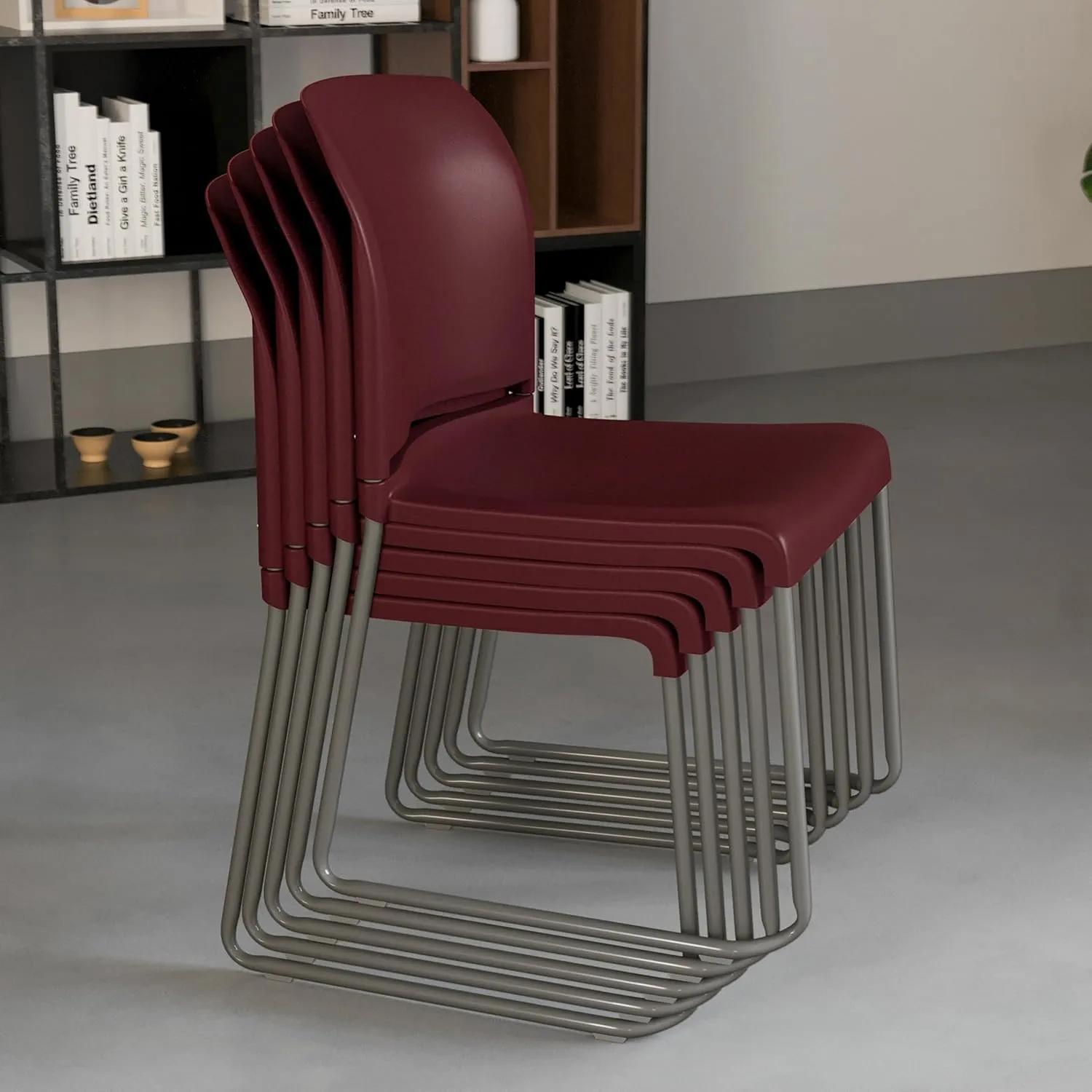 Flash Furniture HERCULES Series 5 Pack 880 lb. Capacity Burgundy Full Back Contoured Stack Chair with Gray Powder Coated Sled Base