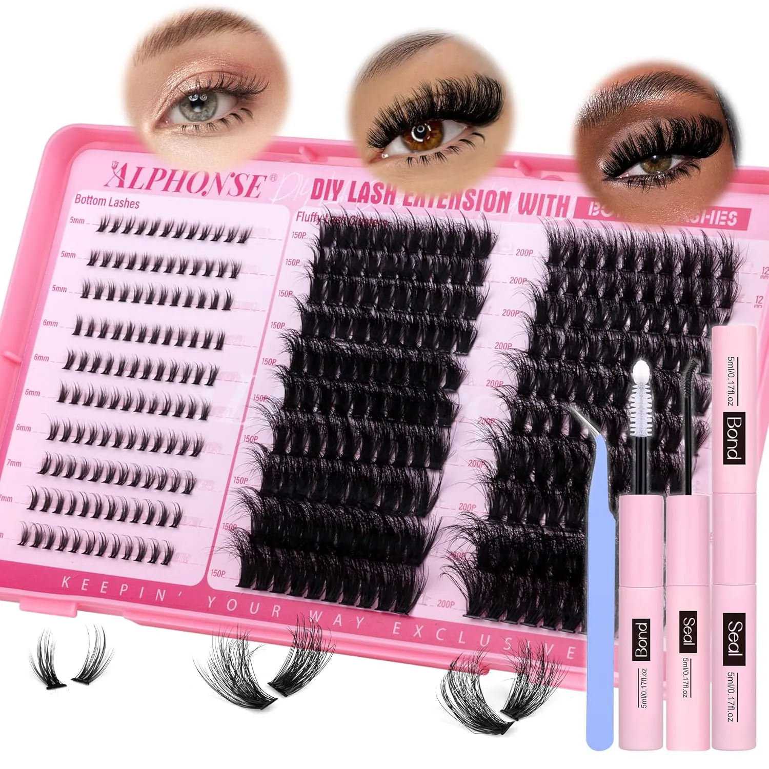 Fluffier Lash Clusters Kit with Bottom Lashes 320pcs Cluster Eyelash Extensions Kit Volume Individual Lashes Kit with Lash Bond and Seal Tweezers by ALPHONSE (150D 200D, 12-20mm)