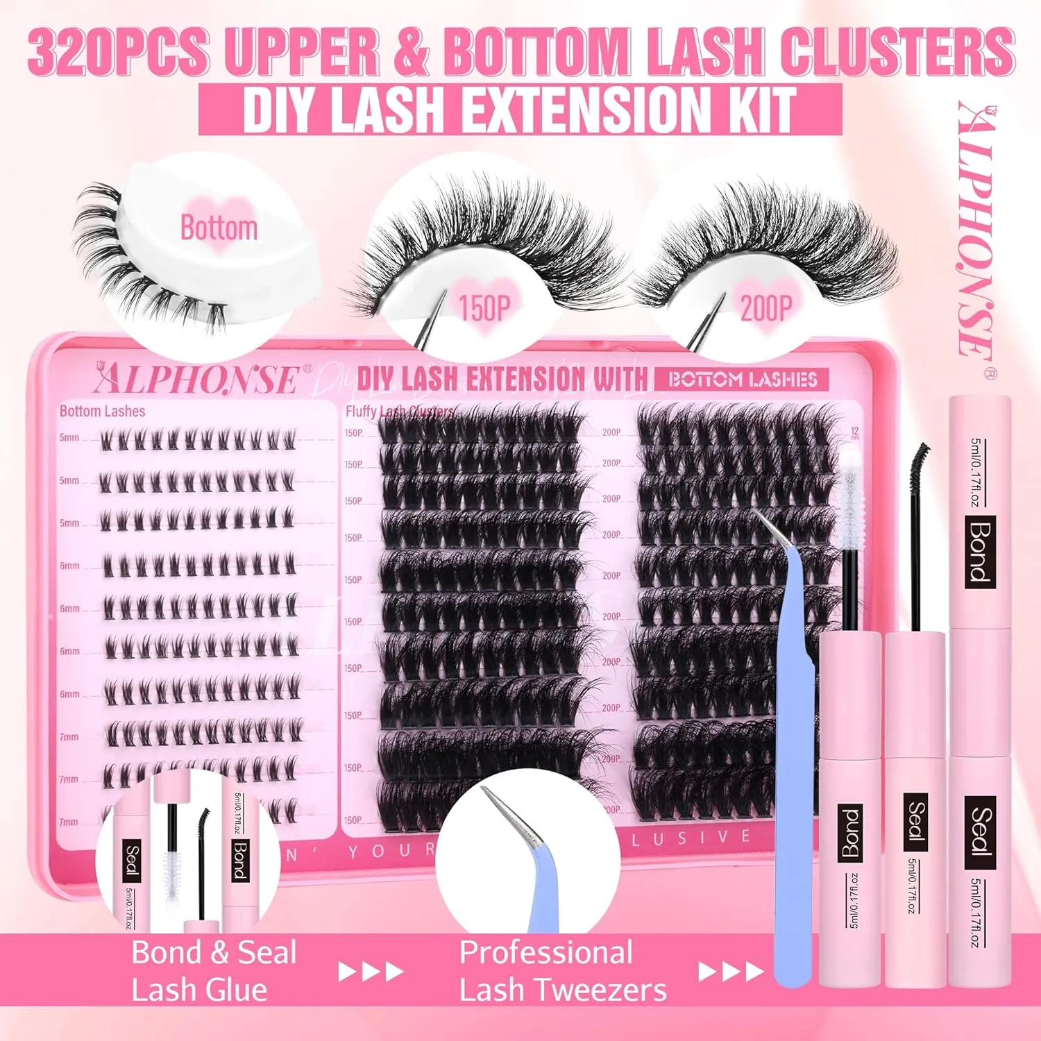 Fluffier Lash Clusters Kit with Bottom Lashes 320pcs Cluster Eyelash Extensions Kit Volume Individual Lashes Kit with Lash Bond and Seal Tweezers by ALPHONSE (150D 200D, 12-20mm)