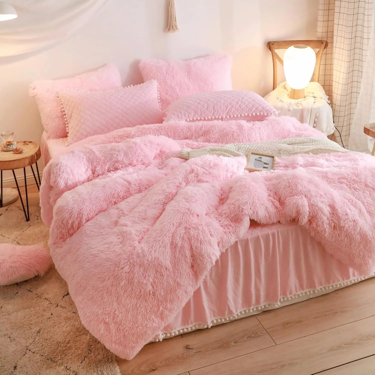 Fluffy Pink Comforter Cover Queen Set, Soft Furry Shaggy Pink Bedding Queen Set 3 Pieces (1 Fuzzy Duvet Cover   2 Faux Fur Pillow Cases) Fluffy Bed Set, Zipper Closure