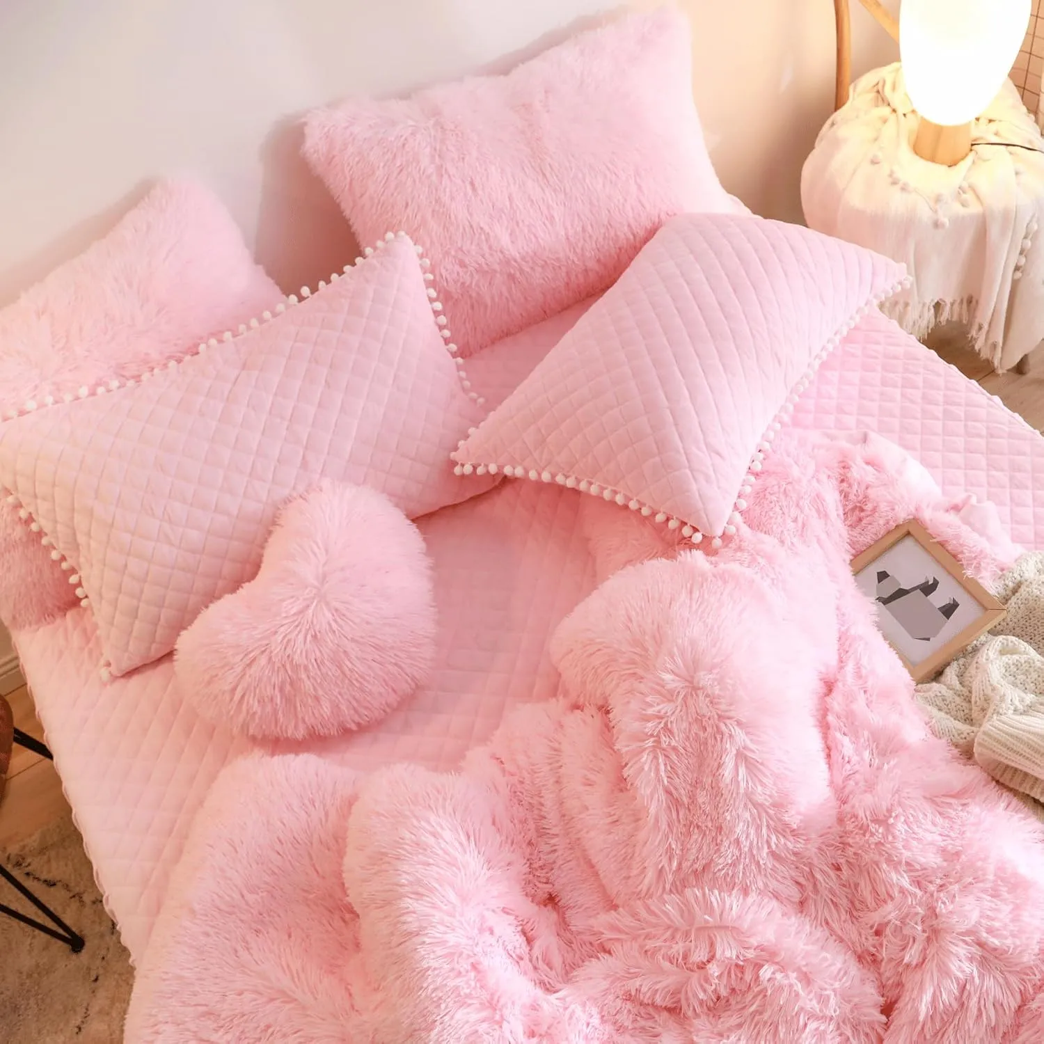 Fluffy Pink Comforter Cover Queen Set, Soft Furry Shaggy Pink Bedding Queen Set 3 Pieces (1 Fuzzy Duvet Cover   2 Faux Fur Pillow Cases) Fluffy Bed Set, Zipper Closure