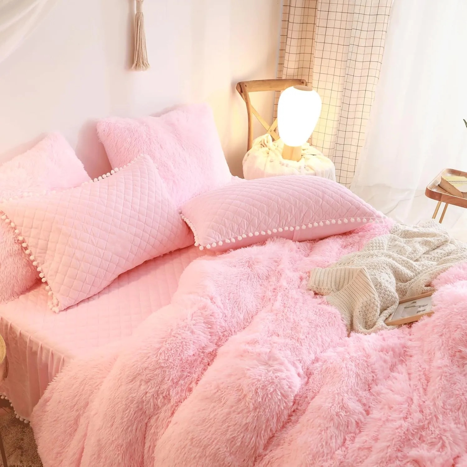 Fluffy Pink Comforter Cover Queen Set, Soft Furry Shaggy Pink Bedding Queen Set 3 Pieces (1 Fuzzy Duvet Cover   2 Faux Fur Pillow Cases) Fluffy Bed Set, Zipper Closure