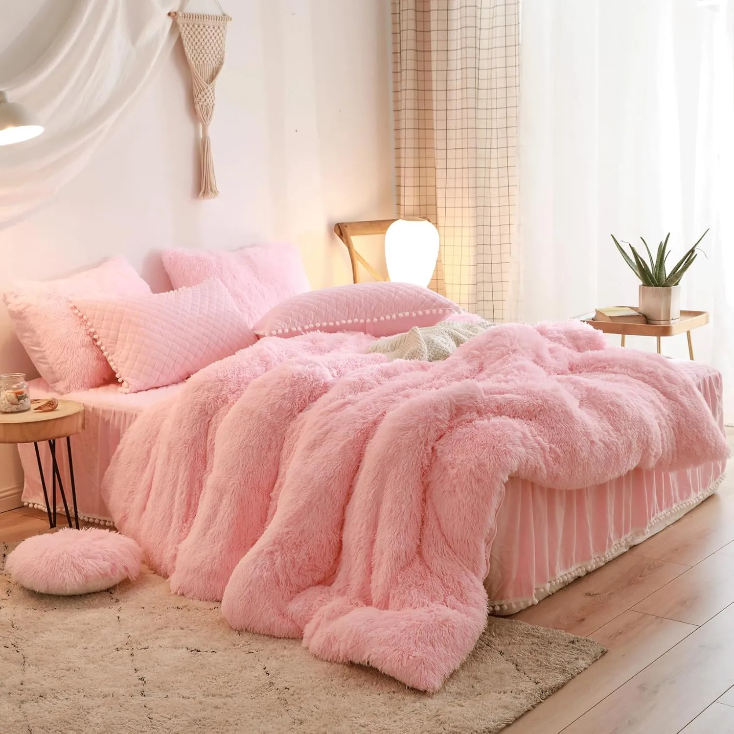 Fluffy Pink Comforter Cover Queen Set, Soft Furry Shaggy Pink Bedding Queen Set 3 Pieces (1 Fuzzy Duvet Cover   2 Faux Fur Pillow Cases) Fluffy Bed Set, Zipper Closure
