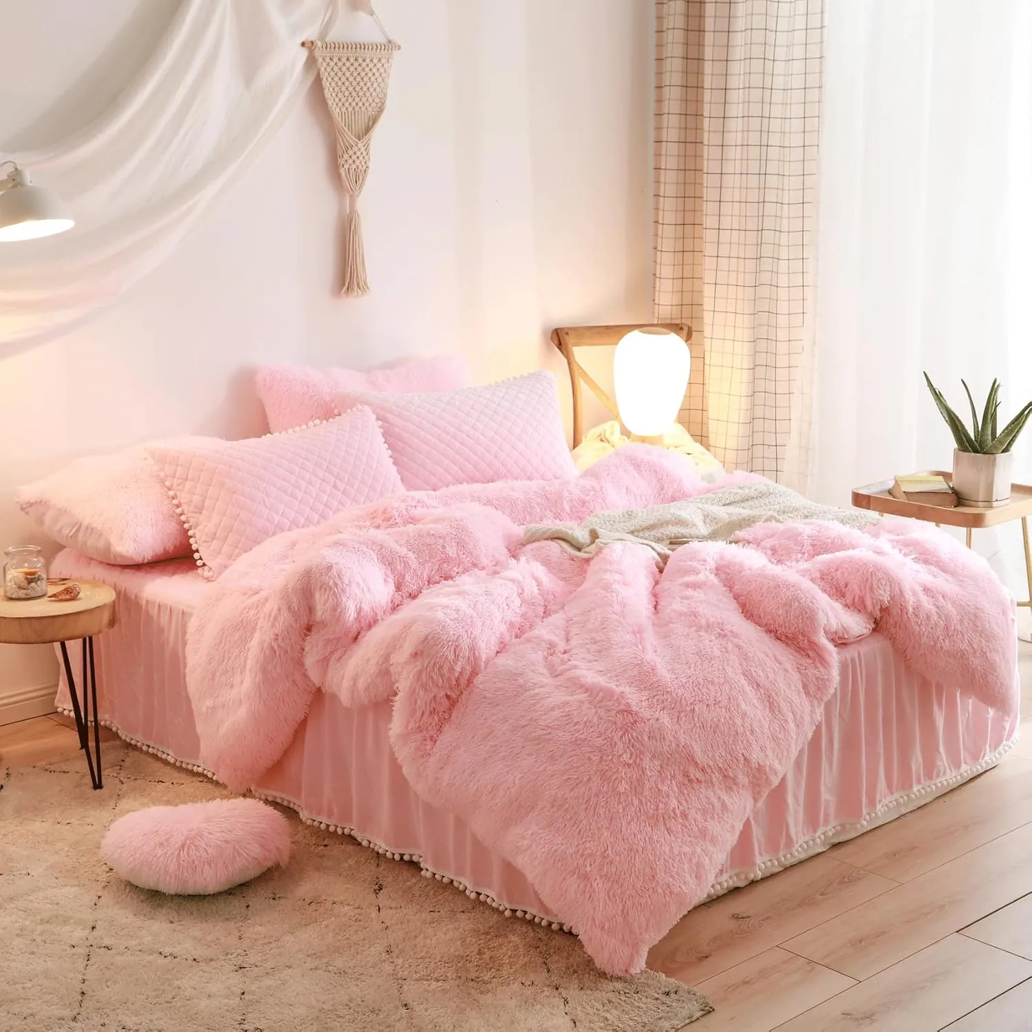 Fluffy Pink Comforter Cover Queen Set, Soft Furry Shaggy Pink Bedding Queen Set 3 Pieces (1 Fuzzy Duvet Cover   2 Faux Fur Pillow Cases) Fluffy Bed Set, Zipper Closure