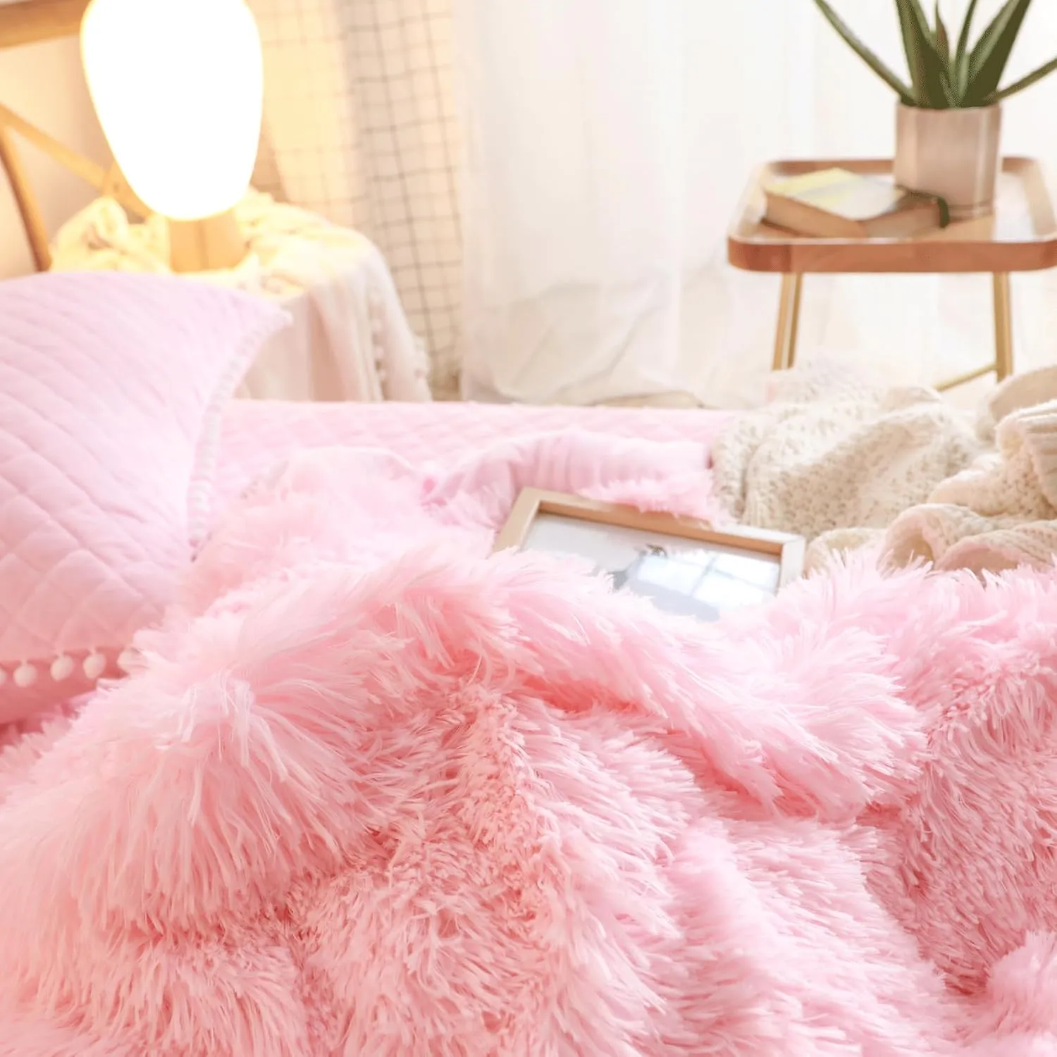 Fluffy Pink Comforter Cover Queen Set, Soft Furry Shaggy Pink Bedding Queen Set 3 Pieces (1 Fuzzy Duvet Cover   2 Faux Fur Pillow Cases) Fluffy Bed Set, Zipper Closure