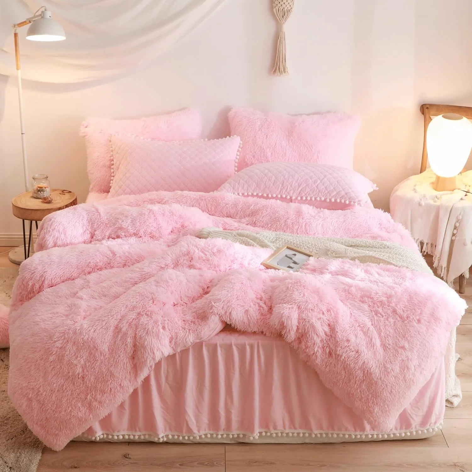 Fluffy Pink Comforter Cover Queen Set, Soft Furry Shaggy Pink Bedding Queen Set 3 Pieces (1 Fuzzy Duvet Cover   2 Faux Fur Pillow Cases) Fluffy Bed Set, Zipper Closure
