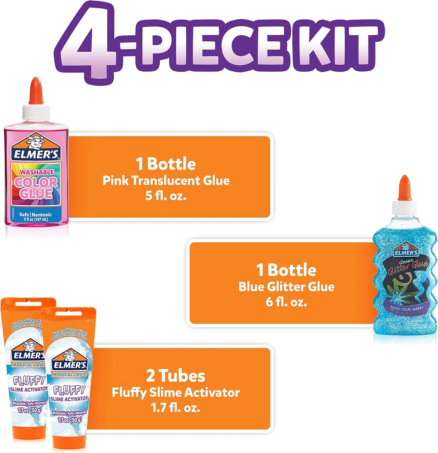Fluffy Slime Kit, Includes Elmer’s Translucent Color Glue, Elmer’s Glitter Glue, Fluffy Slime Activator, 4 Count