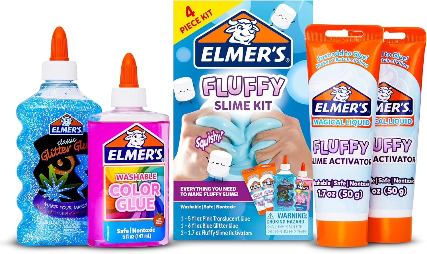 Fluffy Slime Kit, Includes Elmer’s Translucent Color Glue, Elmer’s Glitter Glue, Fluffy Slime Activator, 4 Count