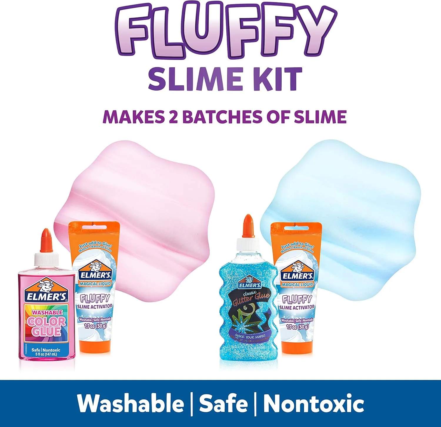 Fluffy Slime Kit, Includes Elmer’s Translucent Color Glue, Elmer’s Glitter Glue, Fluffy Slime Activator, 4 Count