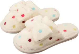 Fluffy Women Slippers Multi-Color Polka Dot Bow Warm Cozy Winter House Shoes Anti-Slip and Plush