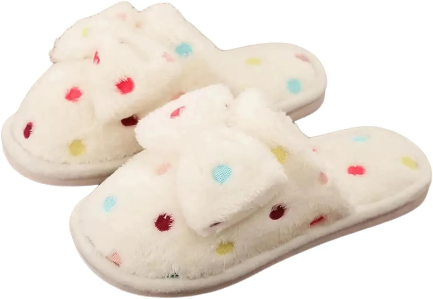 Fluffy Women Slippers Multi-Color Polka Dot Bow Warm Cozy Winter House Shoes Anti-Slip and Plush