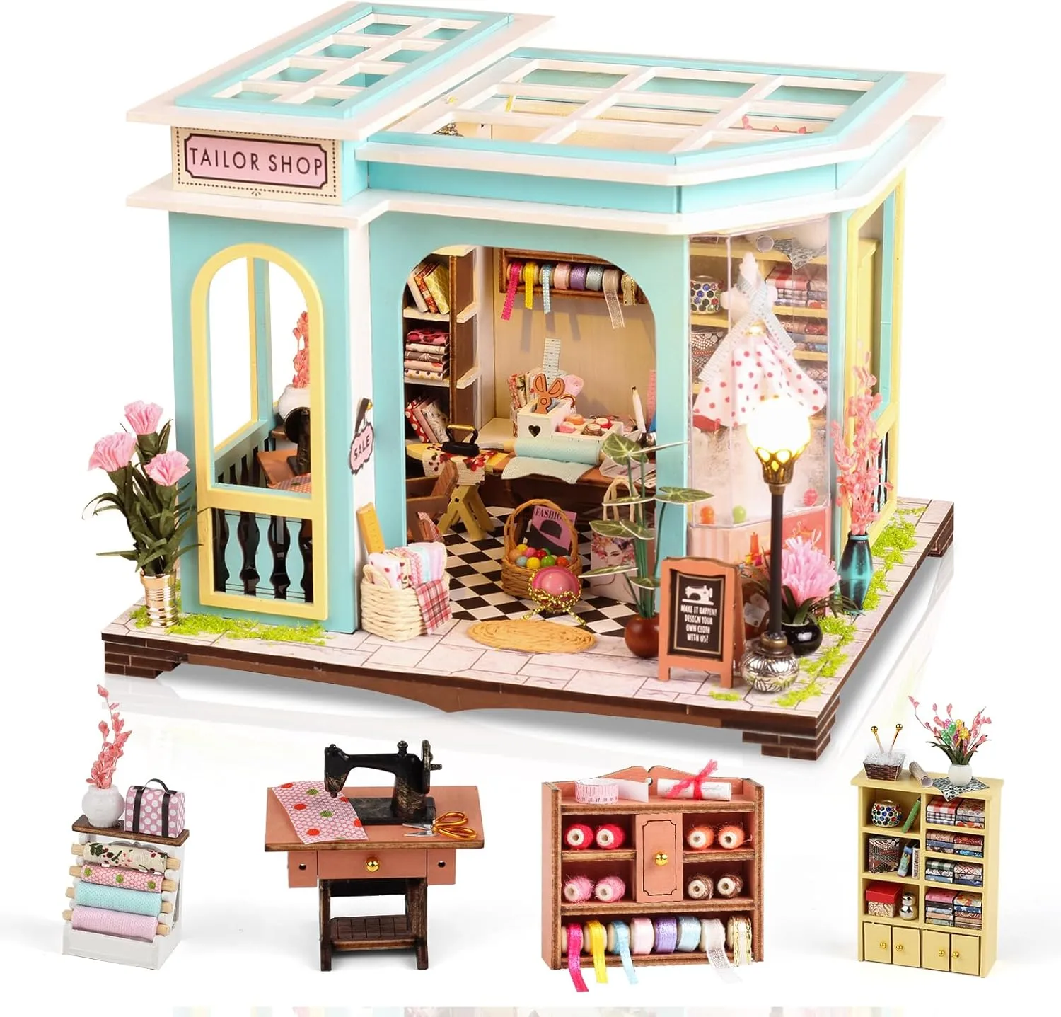 FLYNOVA DIY Miniature House Kit,Tailor Shop Dollhouse with Furniture & LED,Adults Teens Mini House Building Kit,3D Wooden Crafts Tiny House Model,Xmas Birthday Gifts Home Table Decor,Friends Present