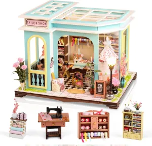 FLYNOVA DIY Miniature House Kit,Tailor Shop Dollhouse with Furniture & LED,Adults Teens Mini House Building Kit,3D Wooden Crafts Tiny House Model,Xmas Birthday Gifts Home Table Decor,Friends Present
