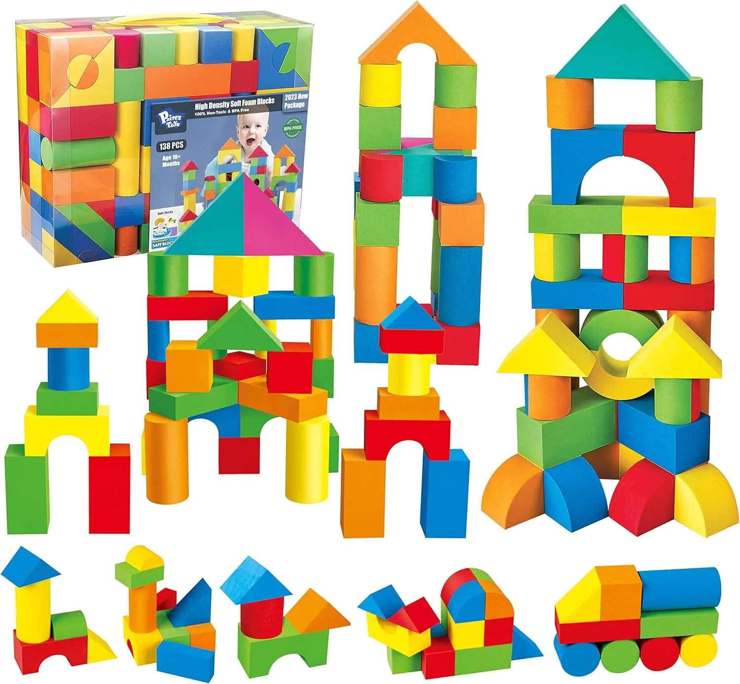 Foam Blocks for Toddlers, 138 Pieces EVA Soft Stacking Building Blocks Toy Set, Early Learning Construction Toys & Gifts for Kids, Boys & Girls 18  Months 1-3 Years