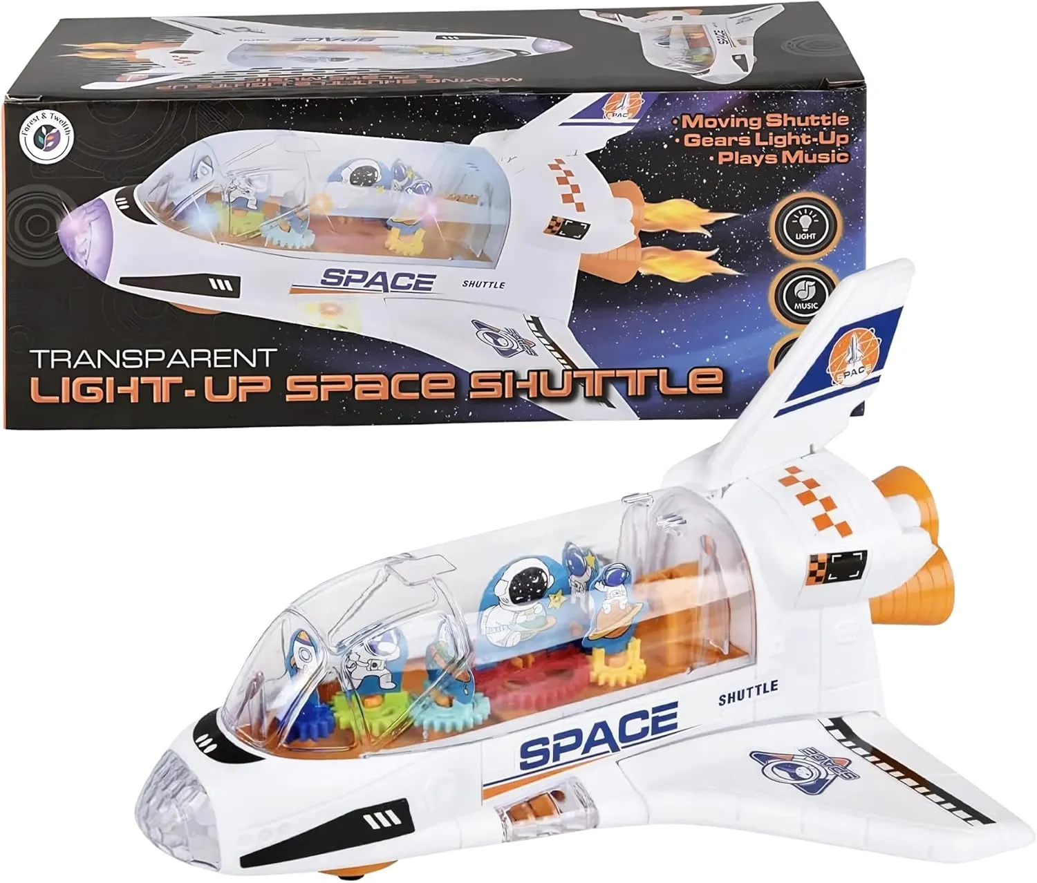 Forest & Twelfth Light-Up Gear Space Shuttle, Interactive Rocket Toy with LED Light, Moving Gears & Plays Music, Galaxy Explorer STEM Toys for Kids, Transparent Space Exploration Boy Toys