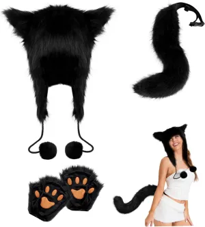 Fox Costume, 3pcs/set Furry Therian Tail Costume with Fox Hat & Fox Paw Gloves, Fluffy Fox Tail for Girls Halloween Cosplay Costumes