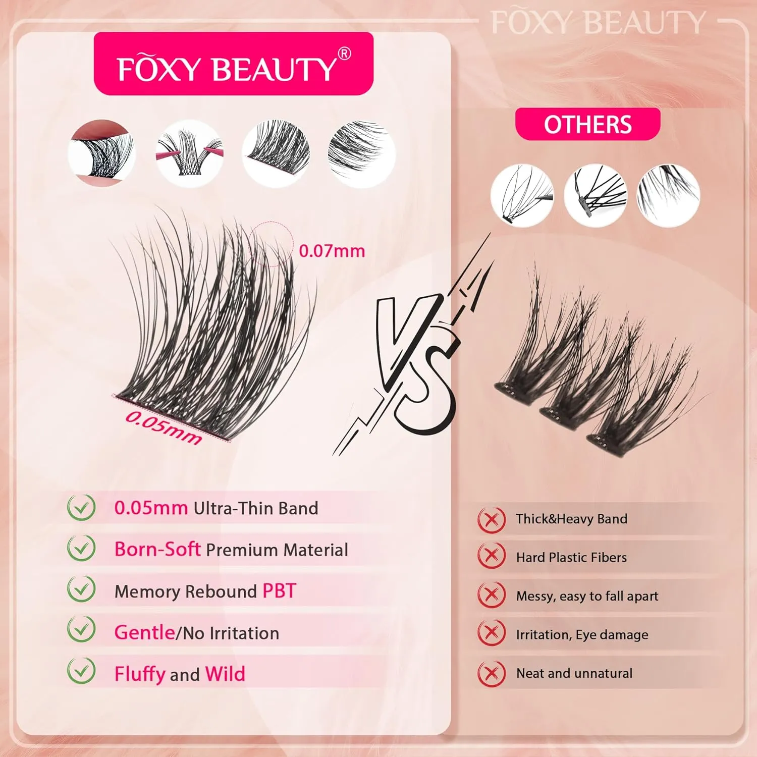 Foxy Beauty Lash Clusters Kit - 432Pcs Fluffy Eyelash Extension Kit 12-20mm D Curl Clusters Soft Comfortable With Bond Seal Remover Applicator