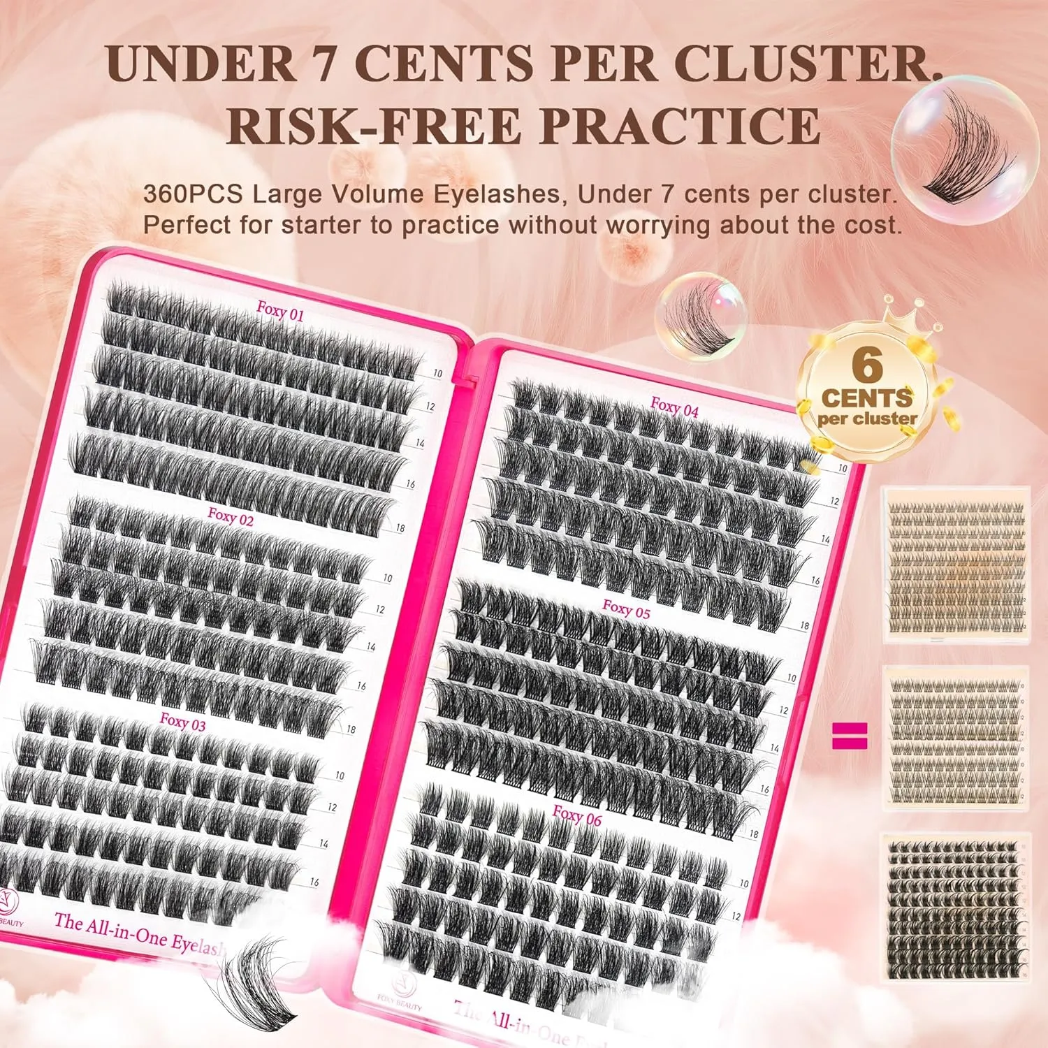 Foxy Beauty Lash Clusters Kit - 432Pcs Fluffy Eyelash Extension Kit 12-20mm D Curl Clusters Soft Comfortable With Bond Seal Remover Applicator