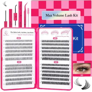 FOXY BEAUTY Lash Extension Kit-Lash Clusters Kit D Curl Cluster Eyelash Extension Kit with Mascara Brush Bond and Seal Glue Remover Lash Applicators for DIY At Home