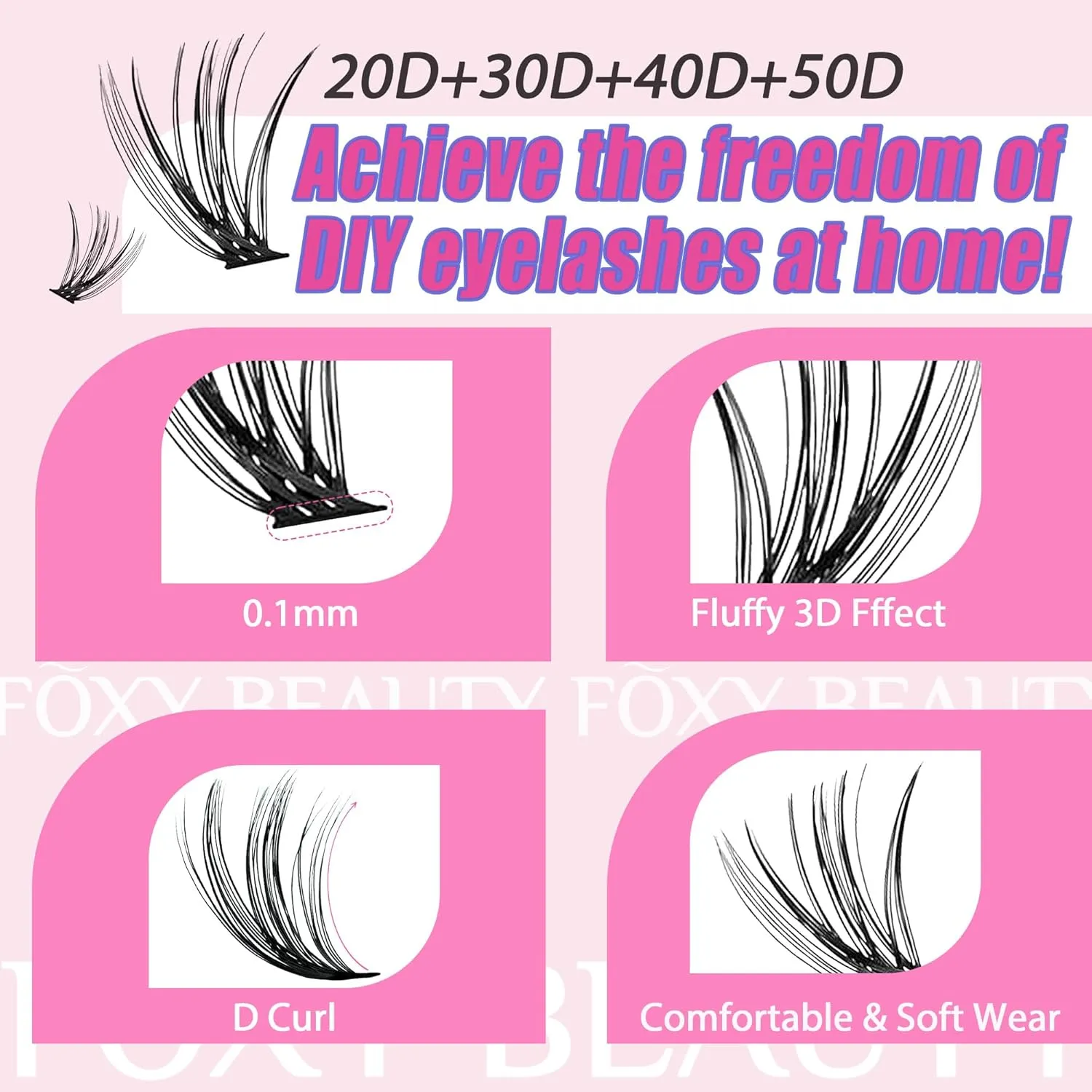 FOXY BEAUTY Lash Extension Kit-Lash Clusters Kit D Curl Cluster Eyelash Extension Kit with Mascara Brush Bond and Seal Glue Remover Lash Applicators for DIY At Home