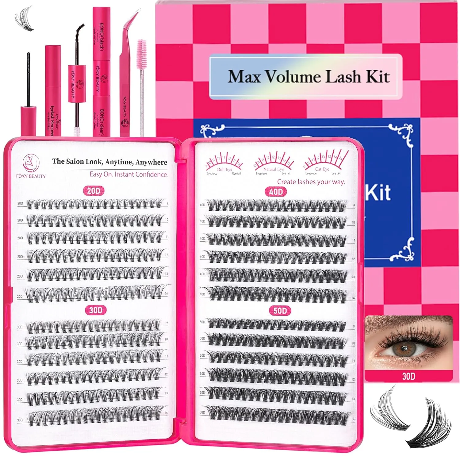 FOXY BEAUTY Lash Extension Kit-Lash Clusters Kit D Curl Cluster Eyelash Extension Kit with Mascara Brush Bond and Seal Glue Remover Lash Applicators for DIY At Home