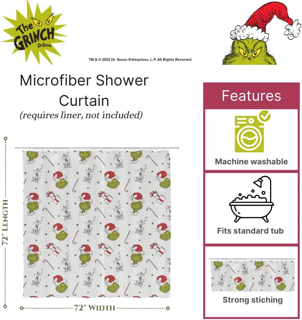 Franco Grinch Holiday Christmas Bath Microfiber Shower Curtain, 72x72, (Officially Licensed Product)