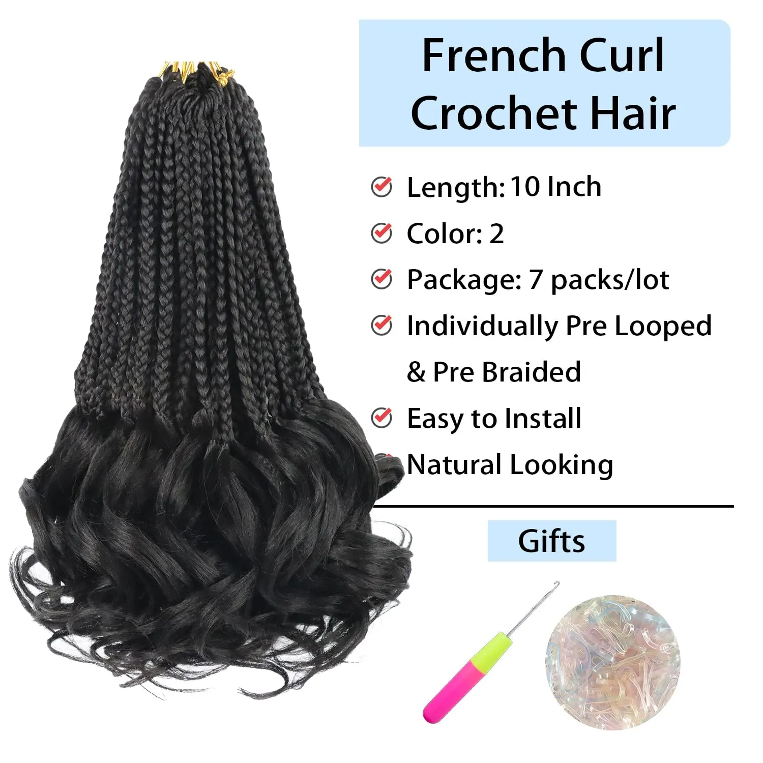 French Curl Braiding Hair Color 2 French Curl Crochet Braids Short 10 Inch Pre Looped Box Braids Crochet Hair for Women Crochet Box Braids Curly Braiding Hair Extensions(7 Packs,2#)