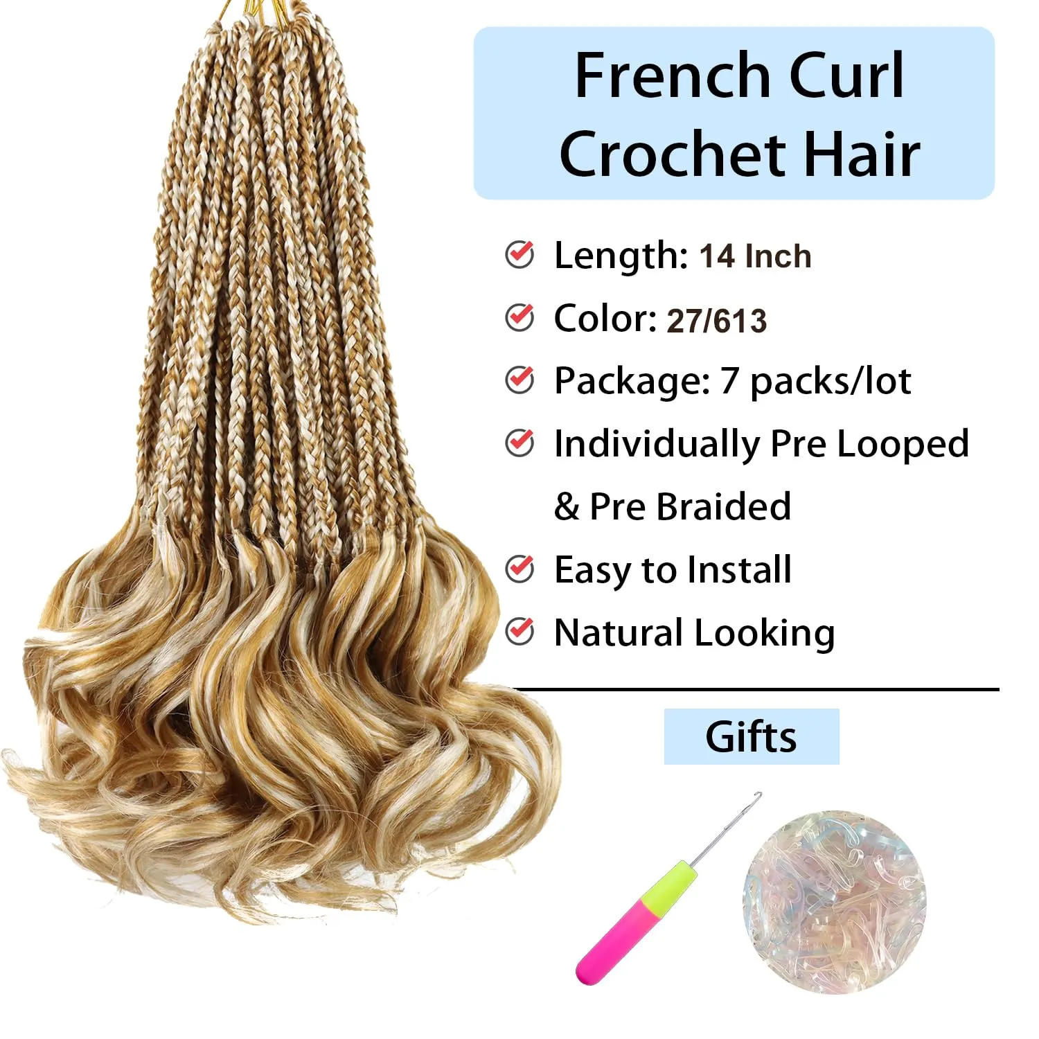 French Curl Braiding Hair Crochet Braids for Women 14 Inch 7 Packs Box Braids Crochet Hair Pre Looped French Curly Braiding Hair Curly Crochet Hair Extensions Braids(27/613)