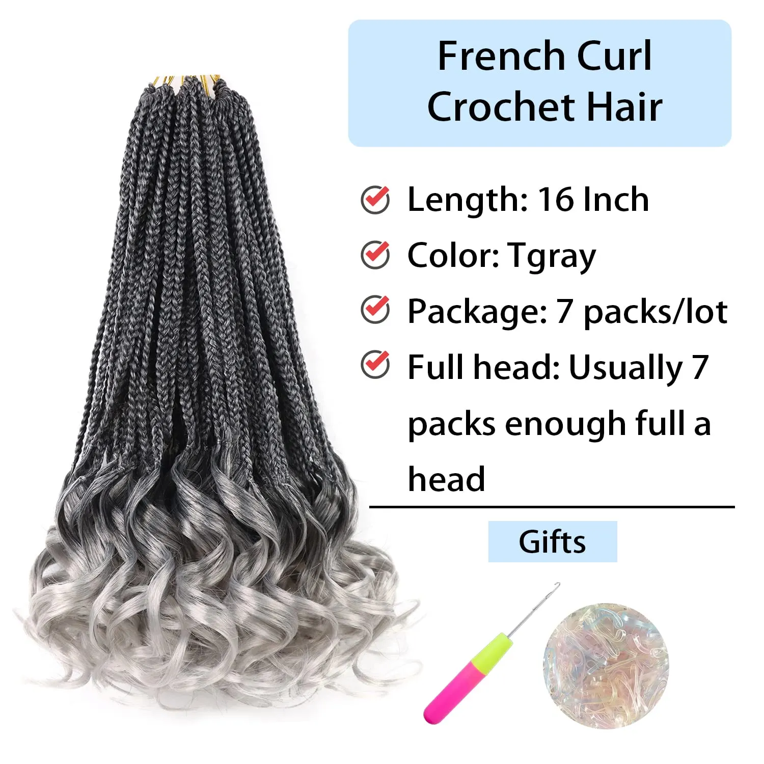 French Curl Crochet Braids - Curly Braiding Hair for Black Women - Goddess Box Braids - 16 Inch French Curls (Tgray#)