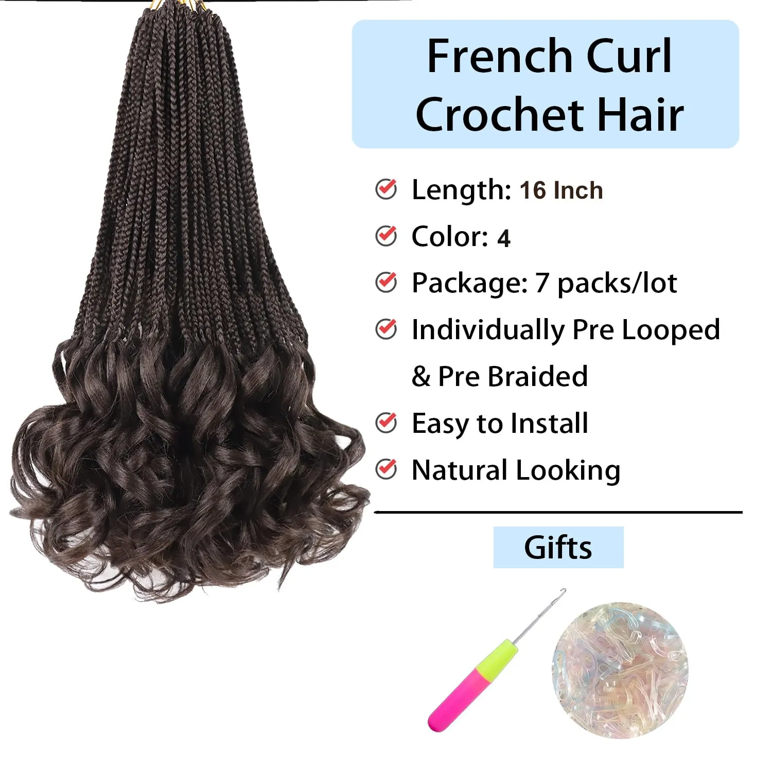 French Curly Crochet Hair Braiding Hair Pre Looped Goddess Box Braids Crochet Hair 16 Inch 7 Packs French Curl Crochet Braids Luxury Braiding Hair Pre Looped Knotless Braids with French Curls(4#)