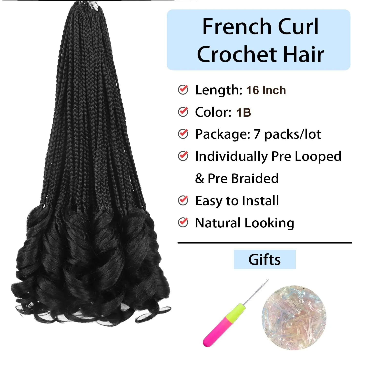 French Curly Crochet Hair for Black Women - Goddess Box Braids 16 Inch 7 Packs Crochet Braids Luxury Braiding Hair Pre-Looped Knotless Braids With Curls (1B#)