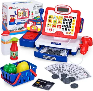 FS Toy Cash Register for Kids with Scanner, Play Money, Credit Card, Shopping Basket, Pretend Play Toys for Toddler 3-5-7 Years Old Boys and Girls Preschool Learning Activities, 57 Pieces Play Set