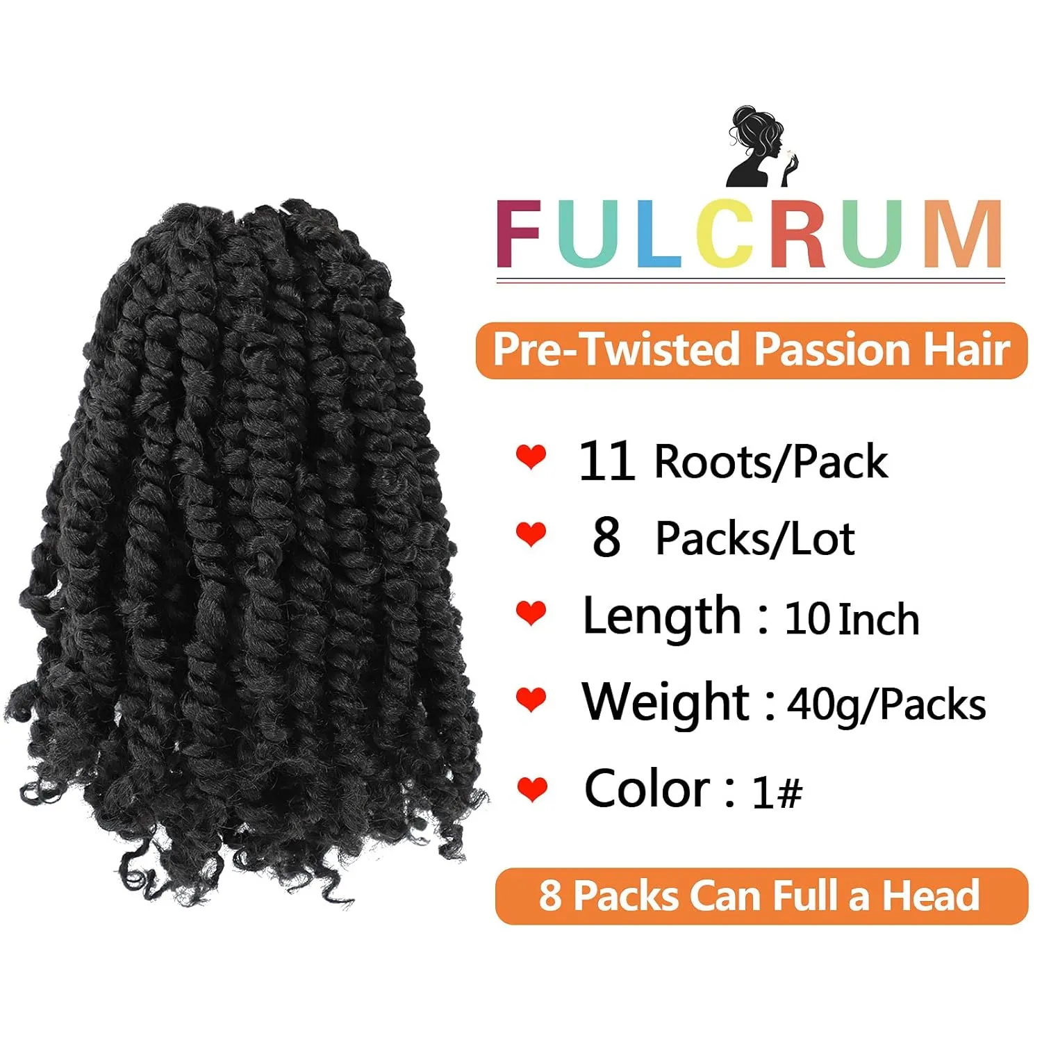 Fulcrum Passion Twist Crochet Hair 10 Inch, 8 Packs Pre Looped Passion Twist Hair, Pre-Twisted Passion Twist Crochet Hair For Black Women (10Inch (Pack of 8), 1#)