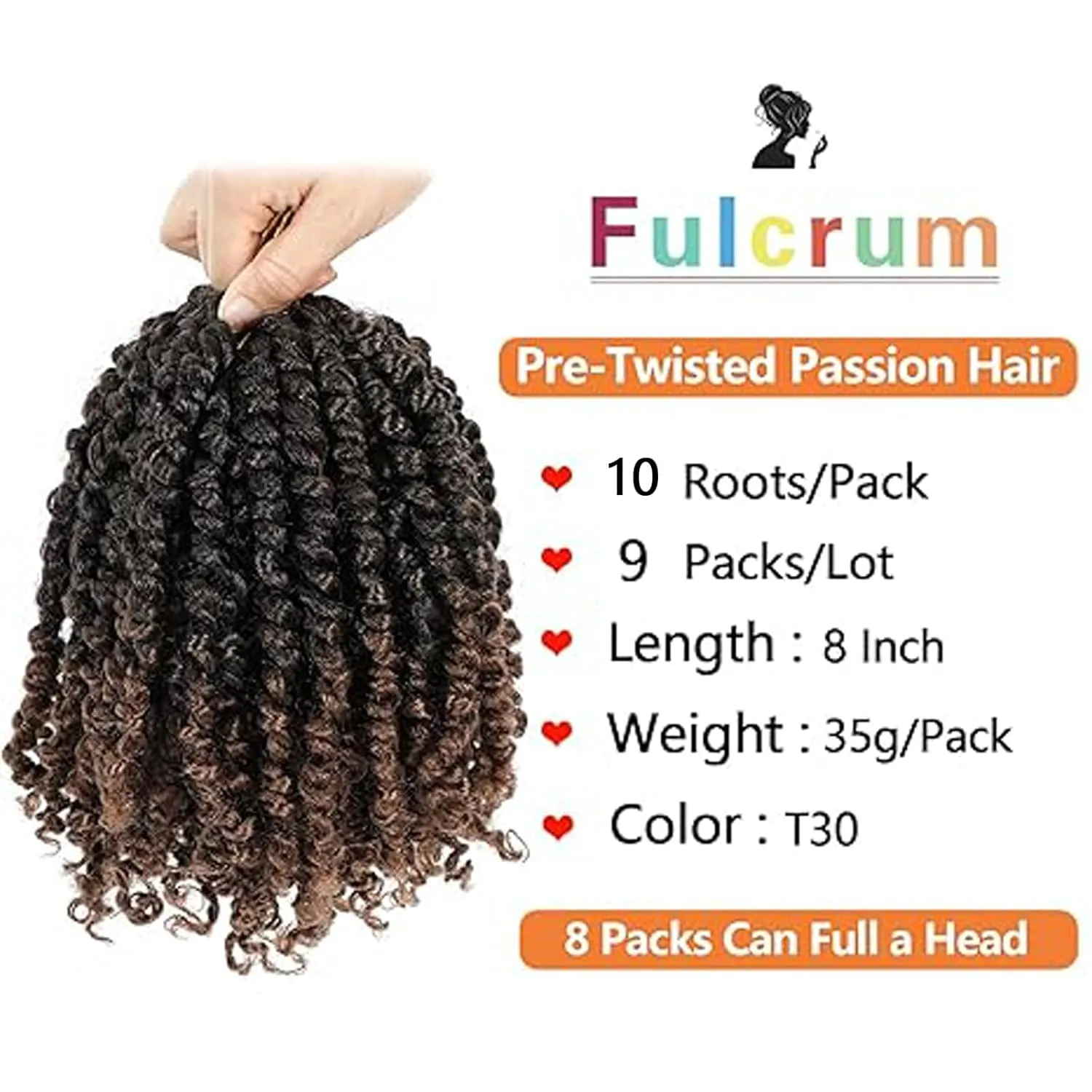 Fulcrum Passion Twist Crochet Hair 8 Inch, 9 Packs Pre Looped Passion Twist Hair, Pre-Twisted Passion Twist Crochet Hair For Black Women (8Inch (Pack of 9), T30#)