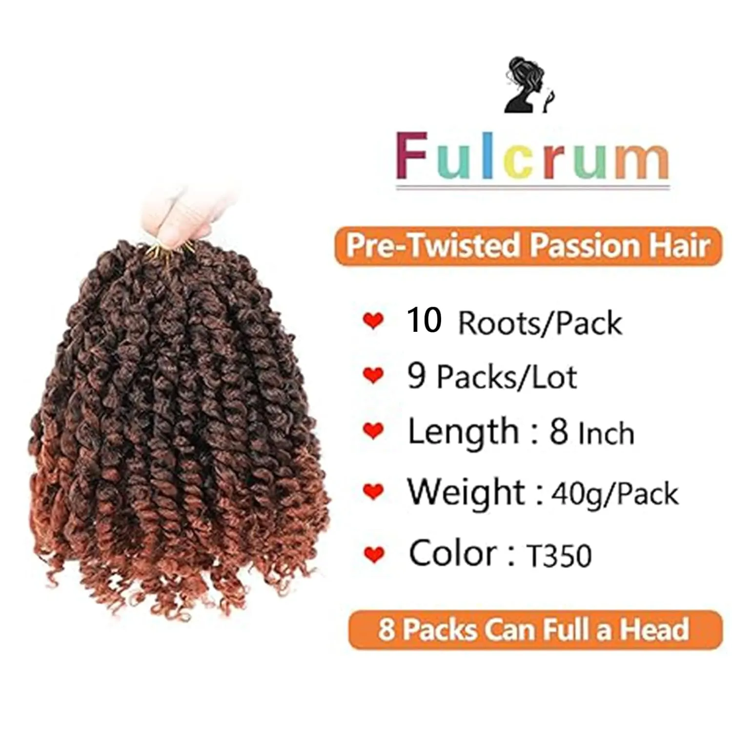 Fulcrum Passion Twist Crochet Hair 8 Inch, 9 Packs Pre Looped Passion Twist Hair, Pre-Twisted Passion Twist Crochet Hair For Black Women (8Inch (Pack of 9), T350#)
