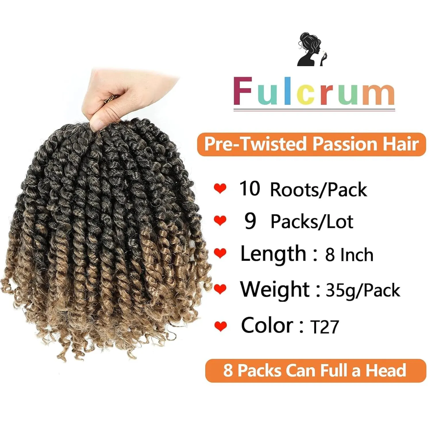 Fulcrum Passion Twist Crochet Hair 8 Inch, 9 Packs Pre Looped Twist Hair, Pre-Twisted Crochet Hair For Black Women (8Inch (Pack of 9), T27#)
