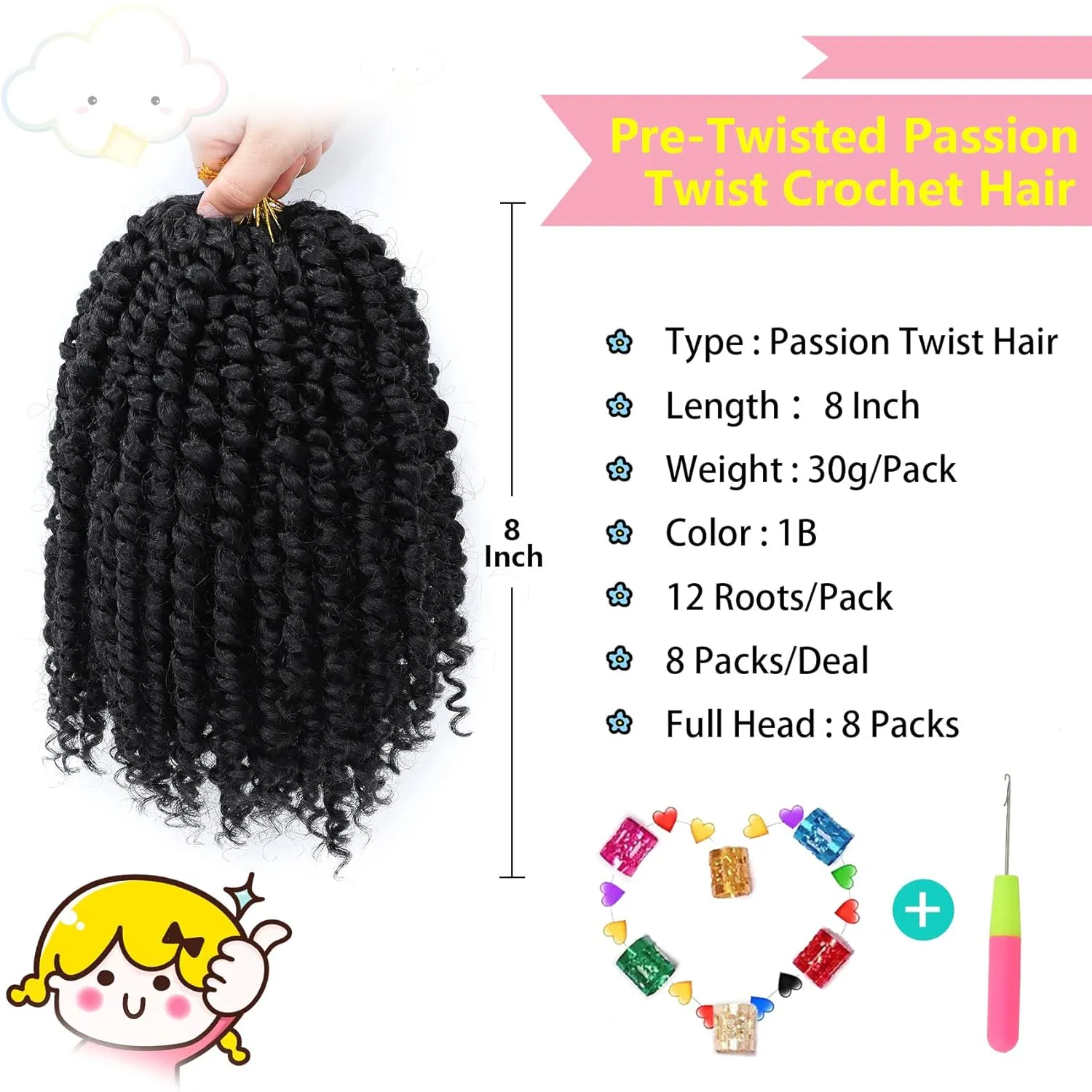Fulcrum Passion Twist Hair 8 Inch, 8 Packs Passion Twist Crochet Hair for Black Women, Prelooped Crochet Twist Hair with Curly Ends (8Inch, 1B#)