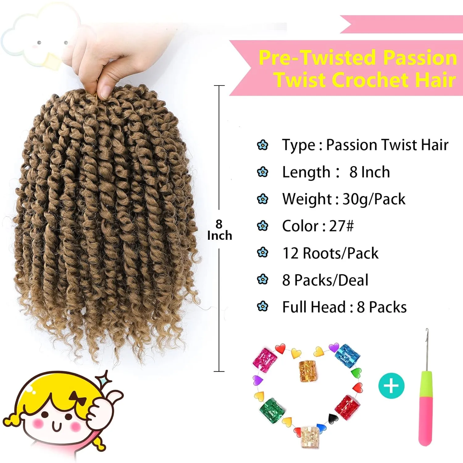 Fulcrum Passion Twist Hair 8 Inch, 8 Packs Passion Twist Crochet Hair for Black Women, Prelooped Crochet Twist Hair with Curly Ends (8Inch, 27#)