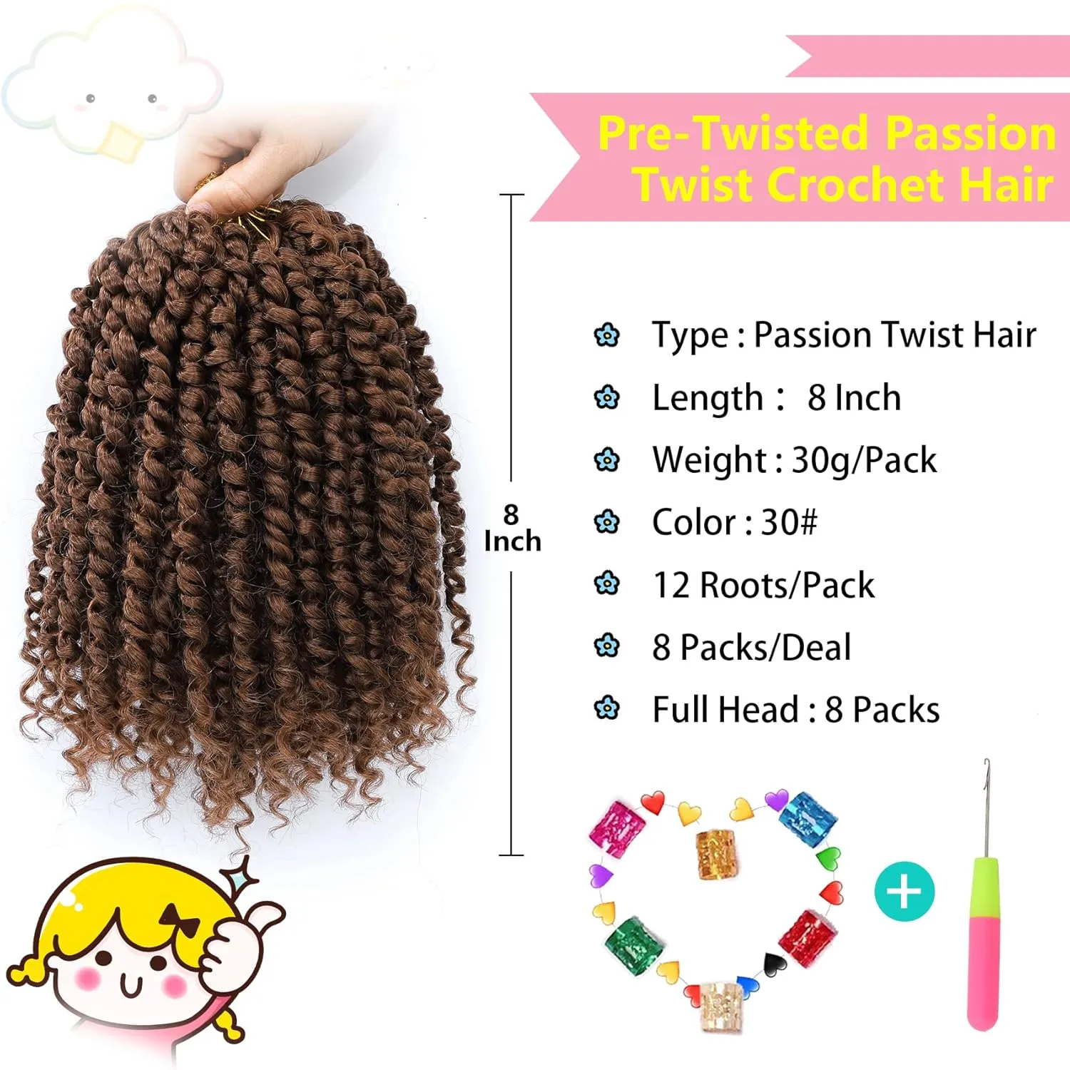Fulcrum Passion Twist Hair 8 Inch, 8 Packs Passion Twist Crochet Hair for Black Women, Prelooped Crochet Twist Hair with Curly Ends (8Inch, 30#)