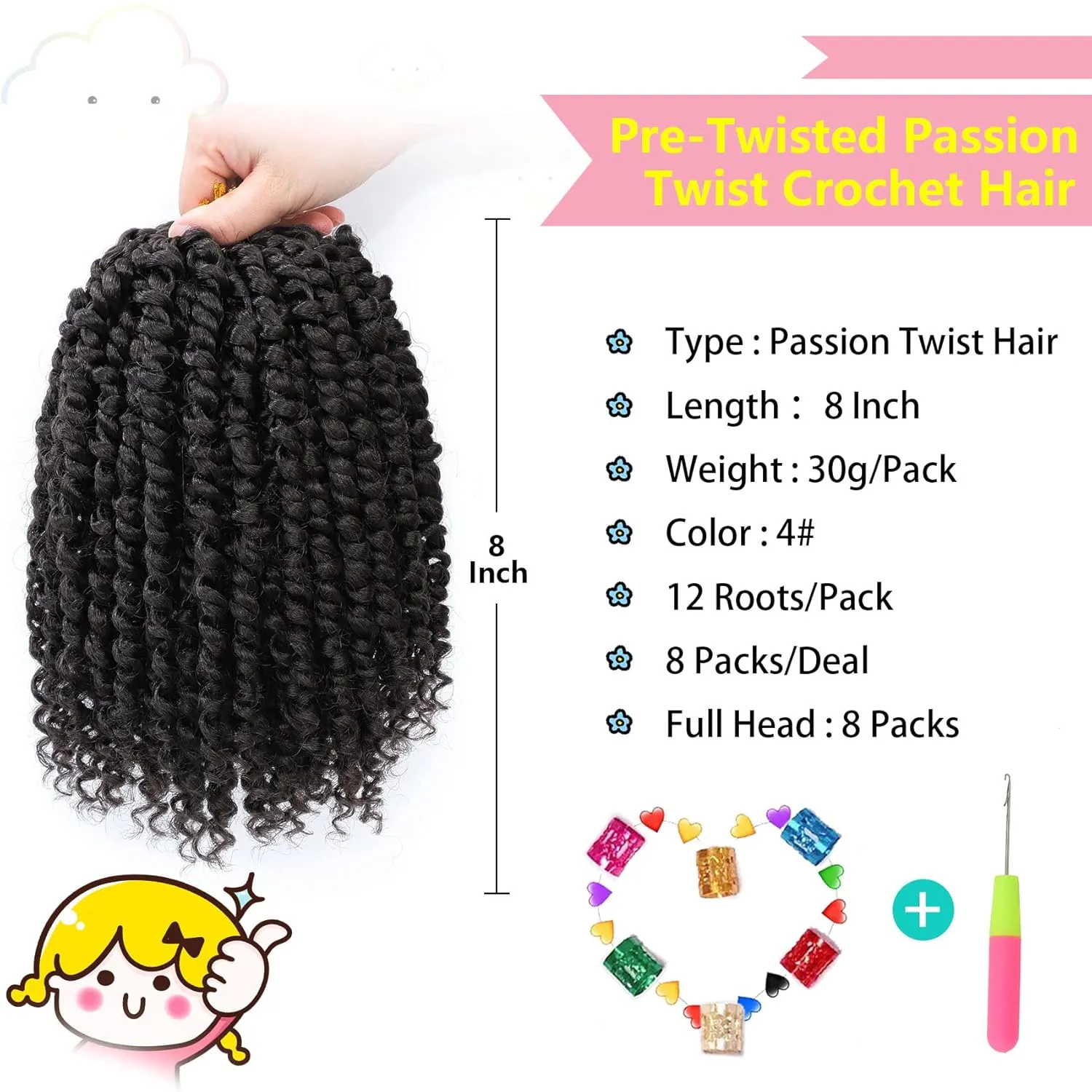 Fulcrum Passion Twist Hair 8 Inch, 8 Packs Passion Twist Crochet Hair for Black Women, Prelooped Crochet Twist Hair with Curly Ends (8Inch, 4#)