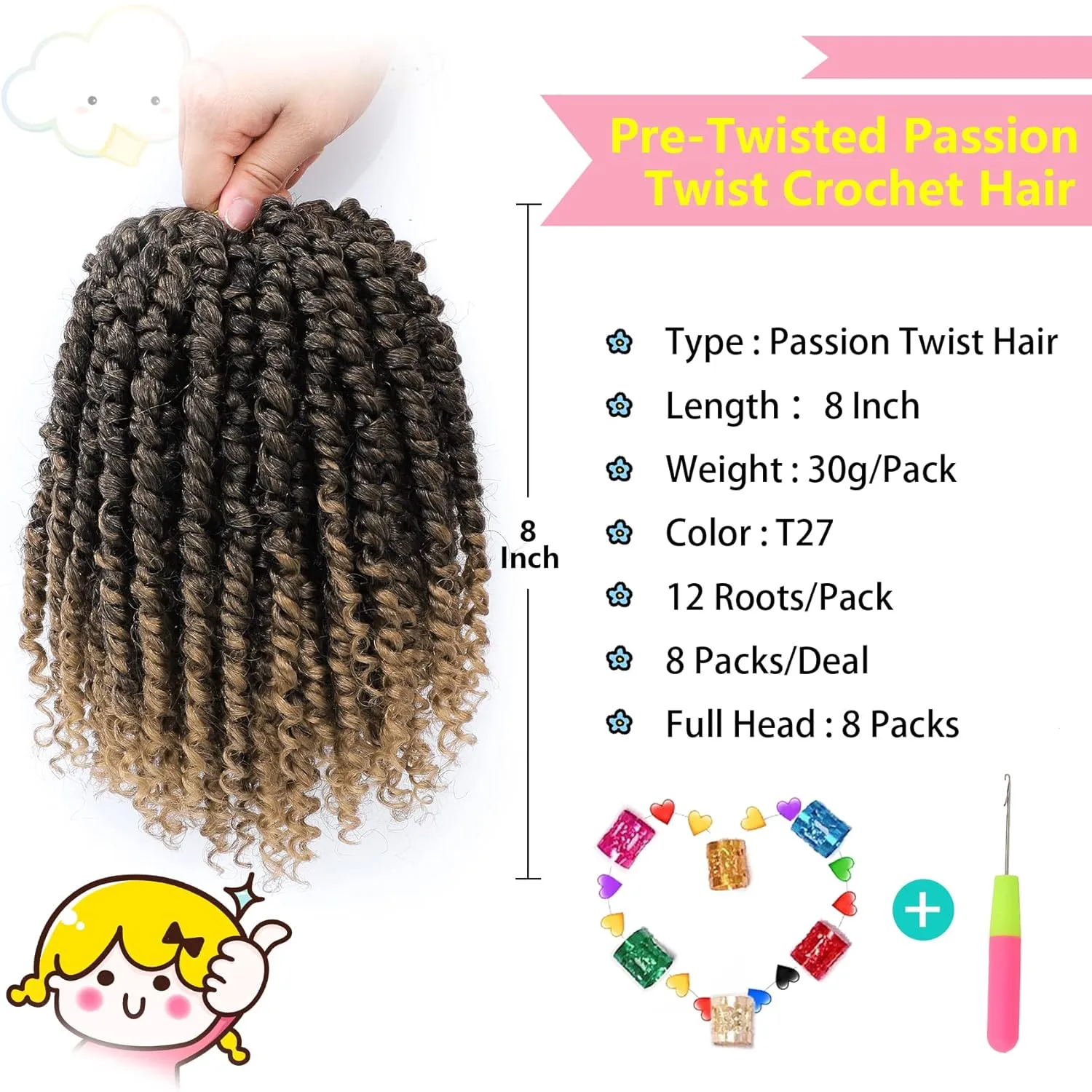 Fulcrum Passion Twist Hair 8 Inch, 8 Packs Passion Twist Crochet Hair for Black Women, Prelooped Crochet Twist Hair with Curly Ends (8Inch, T27#)