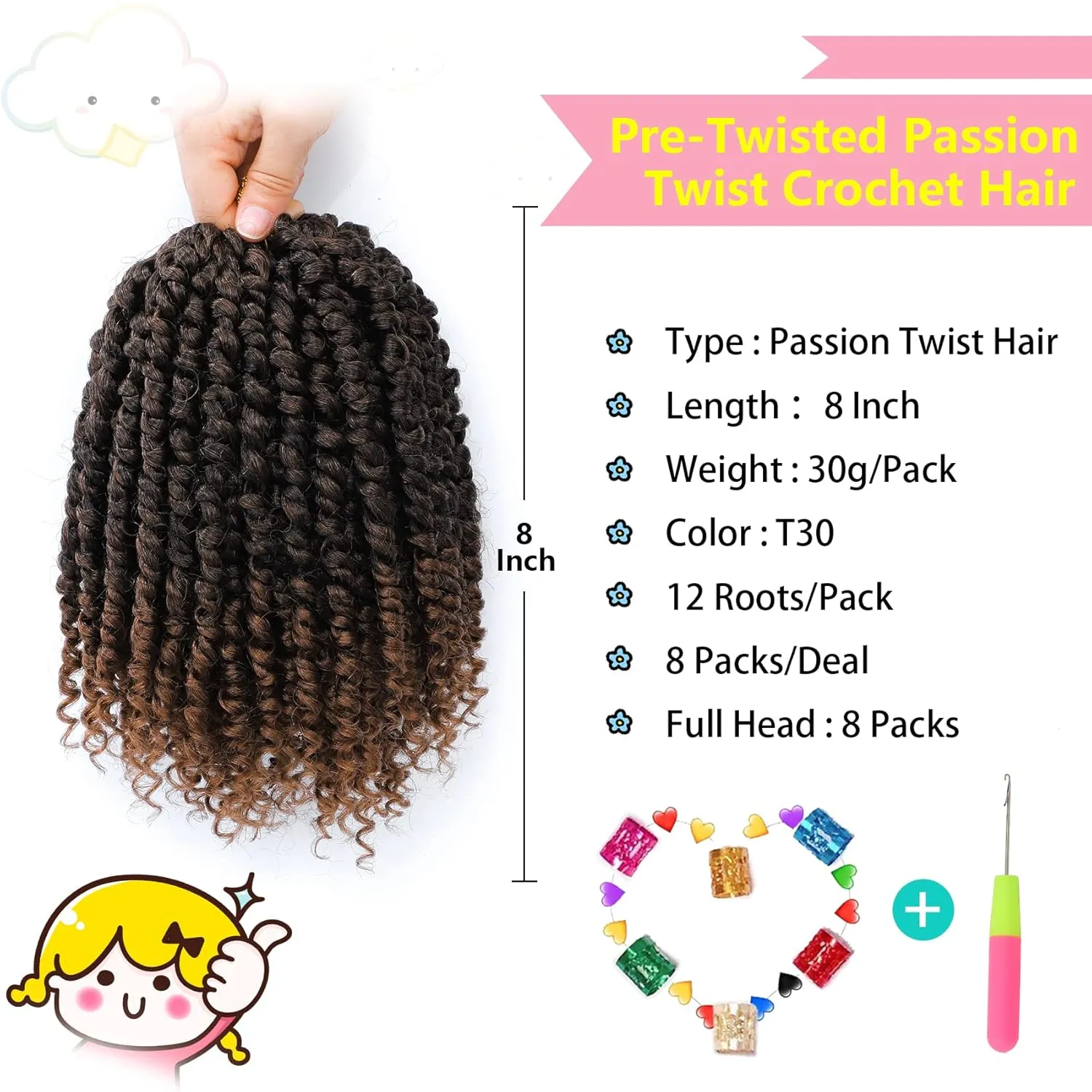 Fulcrum Passion Twist Hair 8 Inch, 8 Packs Passion Twist Crochet Hair for Black Women, Prelooped Crochet Twist Hair with Curly Ends (8Inch, T30#)