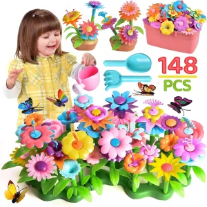 FUN LITTLE TOYS 148PCS Flower Garden Building Toys for 3 4 5 6 7 Year Old Toddlers Girls Boys, Preschool Garden Play Set As Educational STEM Toys for Kids, Learning Toys As Birthday Gift for Girls
