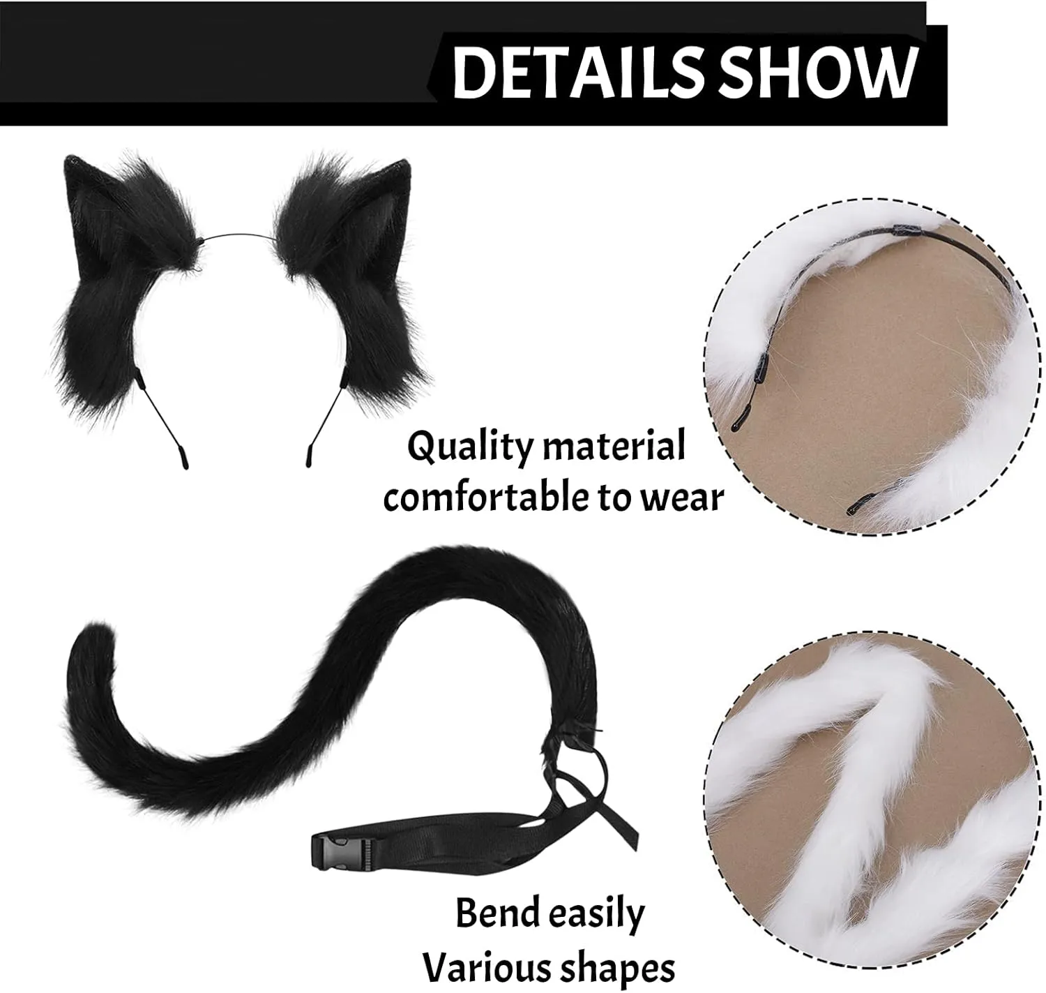 Furry Cat Ear Hairband Set - Faux Fur Animal Ear Hair Clip Kit - Cosplay Hair Hoop - Long Tail - Adjustable Waist Belt